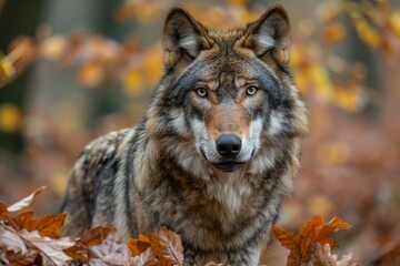 Grey wolf, Canis lupus, in autumn forest