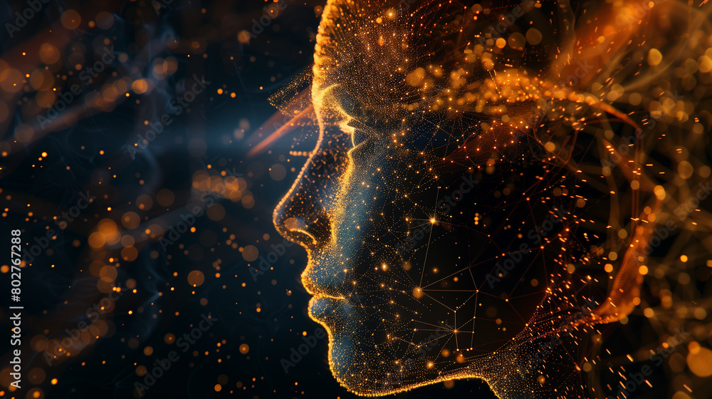 Poster digital human face in network particles. a digital mesh forms a human face profile, showcasing a com
