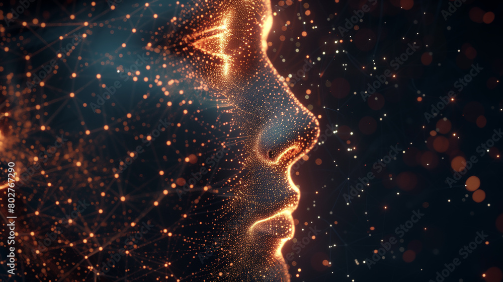 Poster digital human face in network particles. a digital mesh forms a human face profile, showcasing a com