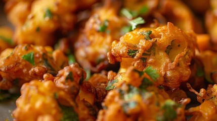 A close-up of golden-brown pakoras, crispy Indian fritters made with chickpea flour and assorted vegetables.