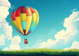 Colorful Hot Air Balloon Soaring in Vibrant Blue Sky with Clouds