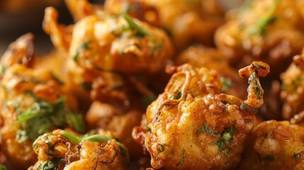 A close-up of golden-brown pakoras, crispy Indian fritters made with chickpea flour and assorted vegetables.