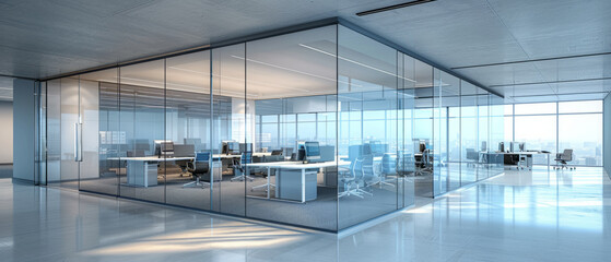 The design and layout of modern business offices with glassed partitioned workspaces.