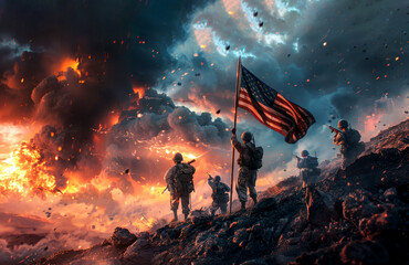 Create a detailed illustration of  World War II, the iconic moment of the US Marines raising the American flag atop Mount