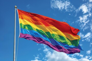 Rainbow flag waving in the wind on a background of blue sky - obrazy, fototapety, plakaty