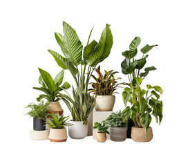 A diverse collection of potted houseplants on a transparent background, showcasing a variety of leaf shapes and shades of green. Generative AI