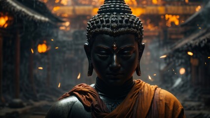 崩壊する建物と仏陀像,Generative AI AI画像