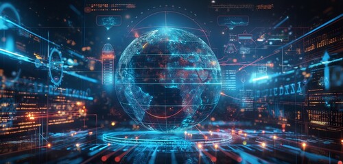 A holographic globe surrounded by layers of digital shields, each layer repelling a different form of cyber threat, illustrating global cyber security efforts. 32k, full ultra hd, high resolution