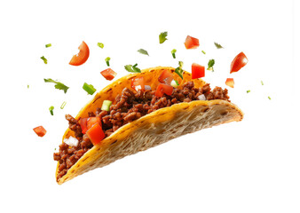 Mexican taco or tacos flying and falling isolated on white background with clipping path