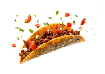 Mexican taco or tacos flying and falling isolated on white background with clipping path