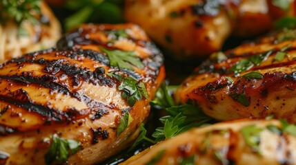 A close-up of juicy grilled chicken breasts, seared to perfection and ready to be served with fresh herbs.