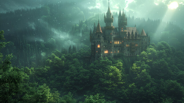 Enchanted castle in a magical forest under the moonlight, evoking mystery and wonder.
