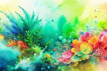 Obraz na płótnie Canvas Tropical Burst: Bright and vibrant splashes of tropical hues like turquoise, lime green, and coral, creating a lively and tropical atmosphere. 