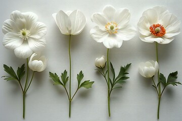 White poppies on a white background,  Flat lay, top view