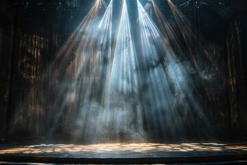 Stage lighting effect in the dark, close-up of smoke and rays
