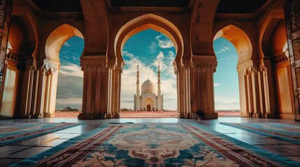 Obraz premium A mosque door opening to a beautiful view of worshippers in prostration. 