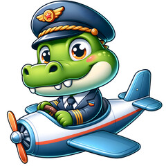 cartoon illustration ( PNG 300 dpi ) , Crocodile is the captain of the plane!