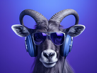 A goat wearing sunglasses and headphones