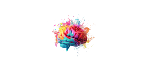 A colorful brain with paint splashes, white background