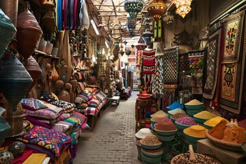 Vibrant Moroccan Marketplace Brimming with Diverse Textiles Spices and Handcrafted Goods