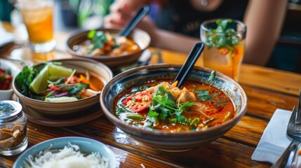 A cozy cafe setting with patrons enjoying bowls of Tom Yum Goong soup alongside freshly brewed Thai iced tea, a popular pairing for a satisfying meal.