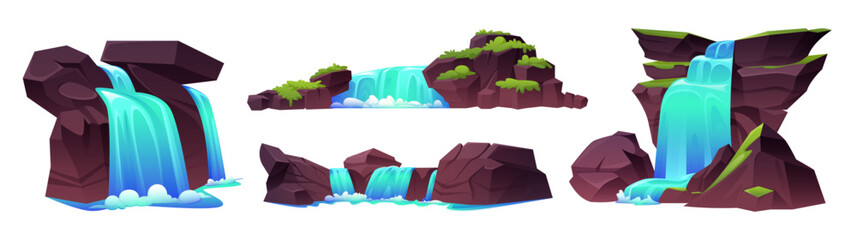 Rocky waterfalls set isolated on white background. Vector cartoon illustration of river water flowing down stone cascade, green grass growing on hill, tropical forest, jungle park design elements - obrazy, fototapety, plakaty