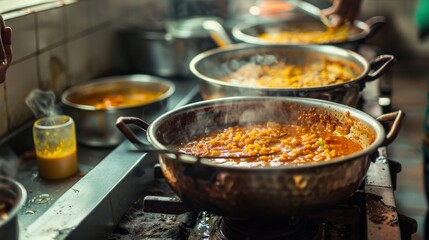 Fototapeta premium A cozy kitchen scene with pots of simmering razala curry on the stove, filling the air with the enticing aroma of Indian spices.