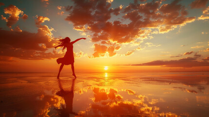 silhouette of a person in the sunset, Carefree moments of joy, unique ways that people break out in dances of delight, Silhouette of a joyful woman dancing on the beach,  - obrazy, fototapety, plakaty