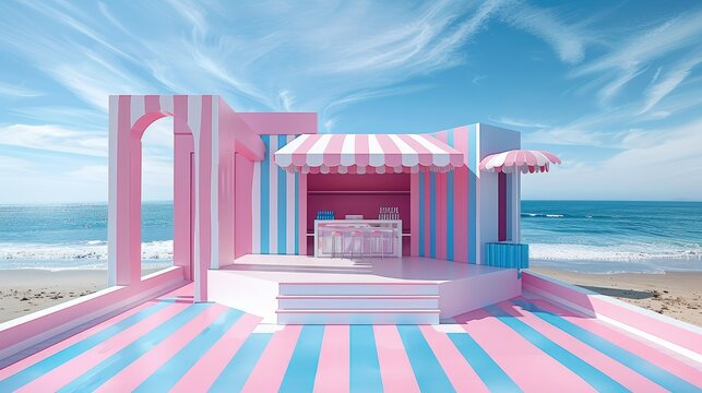 A pop-up store near the ocean, Pink and blue stripes. Generative AI.