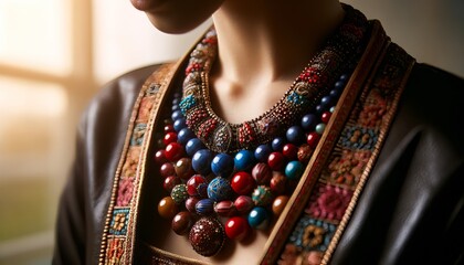 A close-up of a beaded necklace worn by someone in traditional attire.