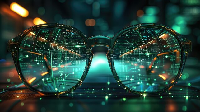 A pair of glasses with circuitry and data flowing through them, reflecting in the lenses. The background is a dark green with neon lights. There is an array of computer equipment. Generative AI. - Powered by Adobe