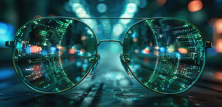 A pair of glasses with circuitry and data flowing through them, reflecting in the lenses. The background is a dark green with neon lights. There is an array of computer equipment. Generative AI. - Powered by Adobe