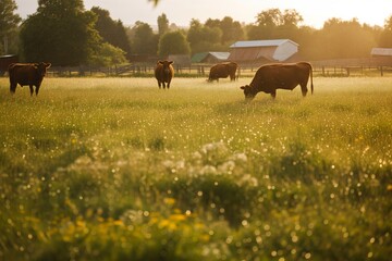 summer evening rain field grazing cows