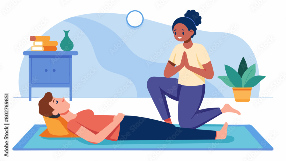 Poster a person lying on a yoga mat discussing their emotions and struggles with a the in a calming studio 