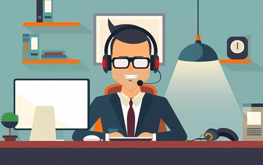 Cool vector flat character design of office businessman working in office behind his desk with desktop computer listening to music wearing headphones