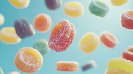 Bright multi colored sweet candies on a blue background