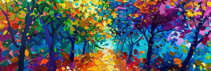a colorful forest scene featuring a tree and a wall in the background