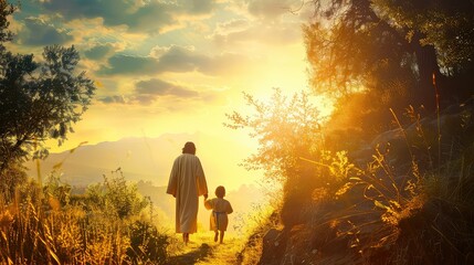 A symbolic representation of Jesus Christ as the shepherd leading a child to eternal life.