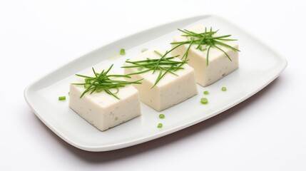 White tofu with sliced spring onions on a plate isolated on white background.