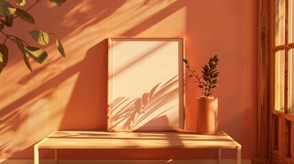 Elegant frame mockup artwork resting on a wooden coffee table, illuminated by sunlight in a cozy living space. frame mockup.