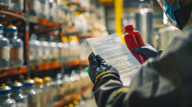 An employee is reviewing a hazardous chemical form in the chemical storage area of a factory as part of safety protocols.