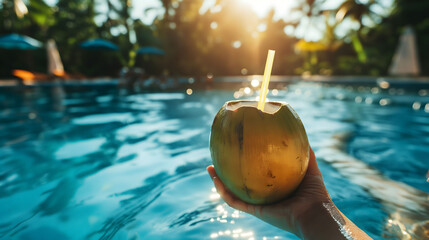 Hand holding fresh green open coconut with a drinking straw at an exotic swimming pool in a holiday resort in summer