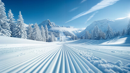 Skiing in beautiful sunny Austrian mountains on an empty ski slope during winter holidays