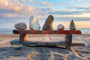 Stones on a bench on the beach at sunset, Baltic Sea, Poland - Powered by Adobe