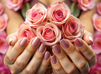 woman hands with rose flowers. spring colorful photo