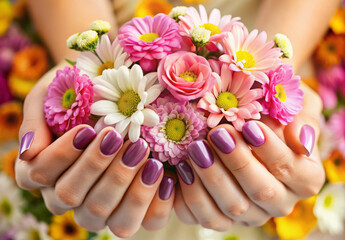 female hands with many flowers. floral background card
