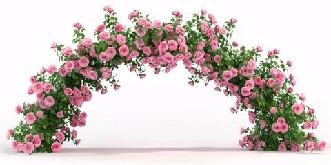 A solitary 3D depiction of a pink rose climbing over an arch, viewed from the front on a white background.