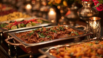 A festive celebration with a table laden with trays of fragrant lamb and vegetable razala, inviting guests to indulge in Indian flavors.
