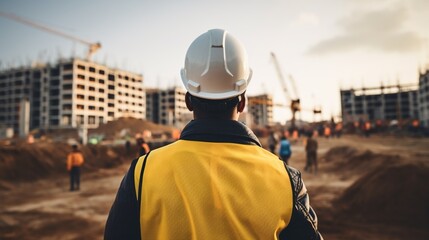 A man wearing a helmet is looking at the building construction. Concept of construction workers monitoring project work process.