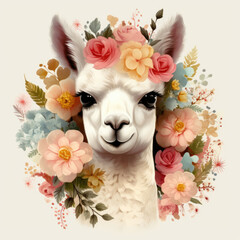 Obraz premium Square postcard with lama in flowers. Beautiful alpaca decorated with exotic flowers, herbs and foliage, illustration